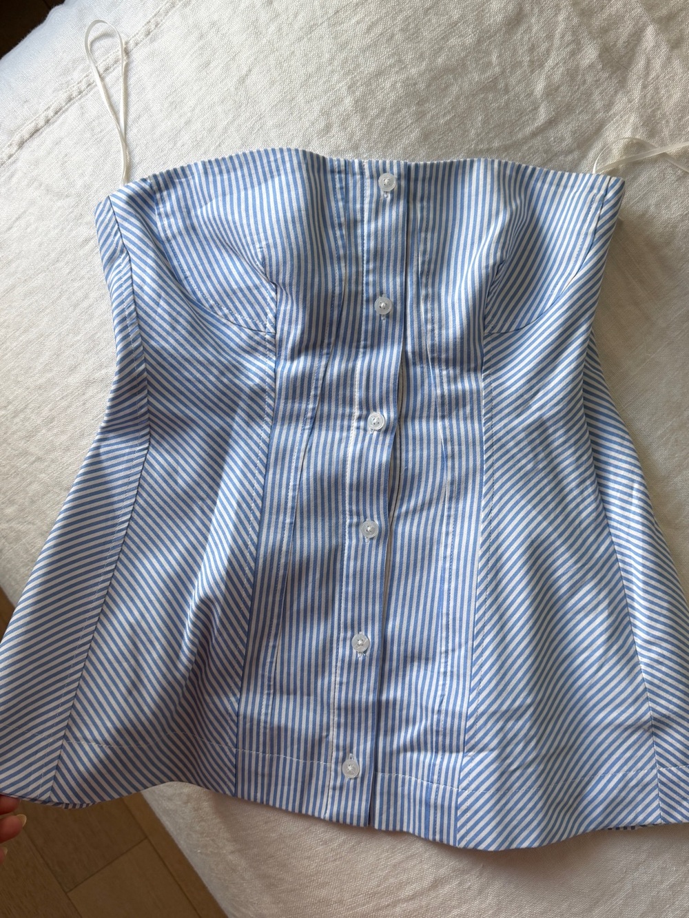 Jonathan Simkhai Blue and White Striped Strapless Button Top
